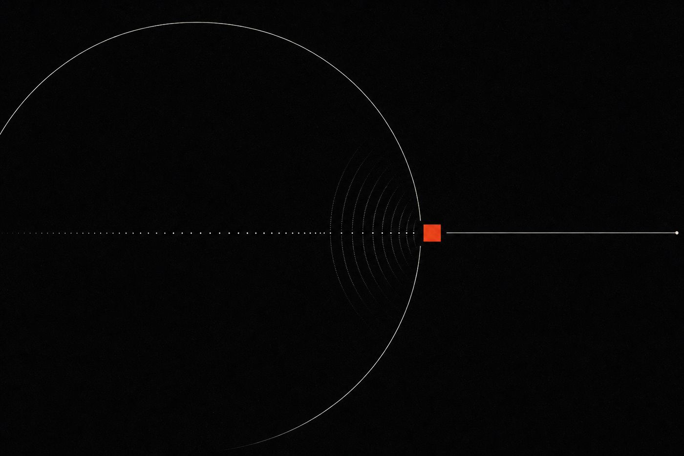 Cover artwork: a vast arc pressing toward one small undeformed red-orange square, with flow leaving and nothing returning.