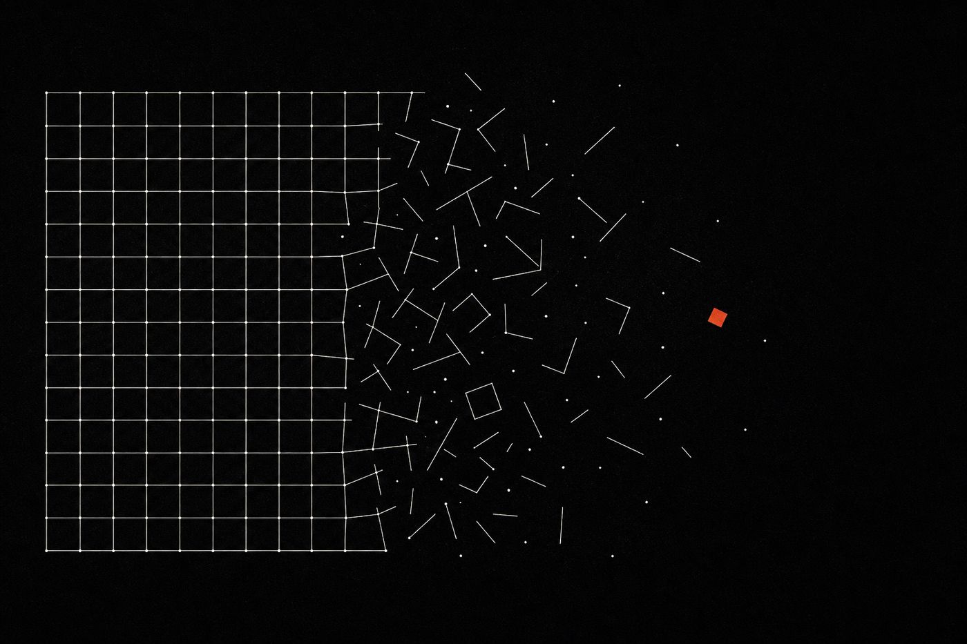 Cover artwork: a precise grid on the left breaking apart into scattered unaligned fragments on the right, one small red-orange square stranded in the disorder.
