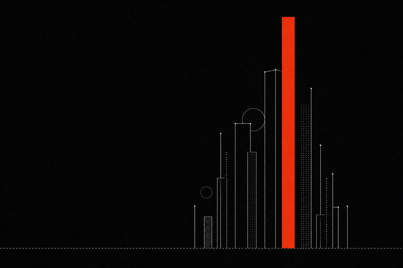 Cover artwork: a dashed threshold line at the floor of the frame, dwarfed by tall columns rising far above it, the tallest in signal red-orange.