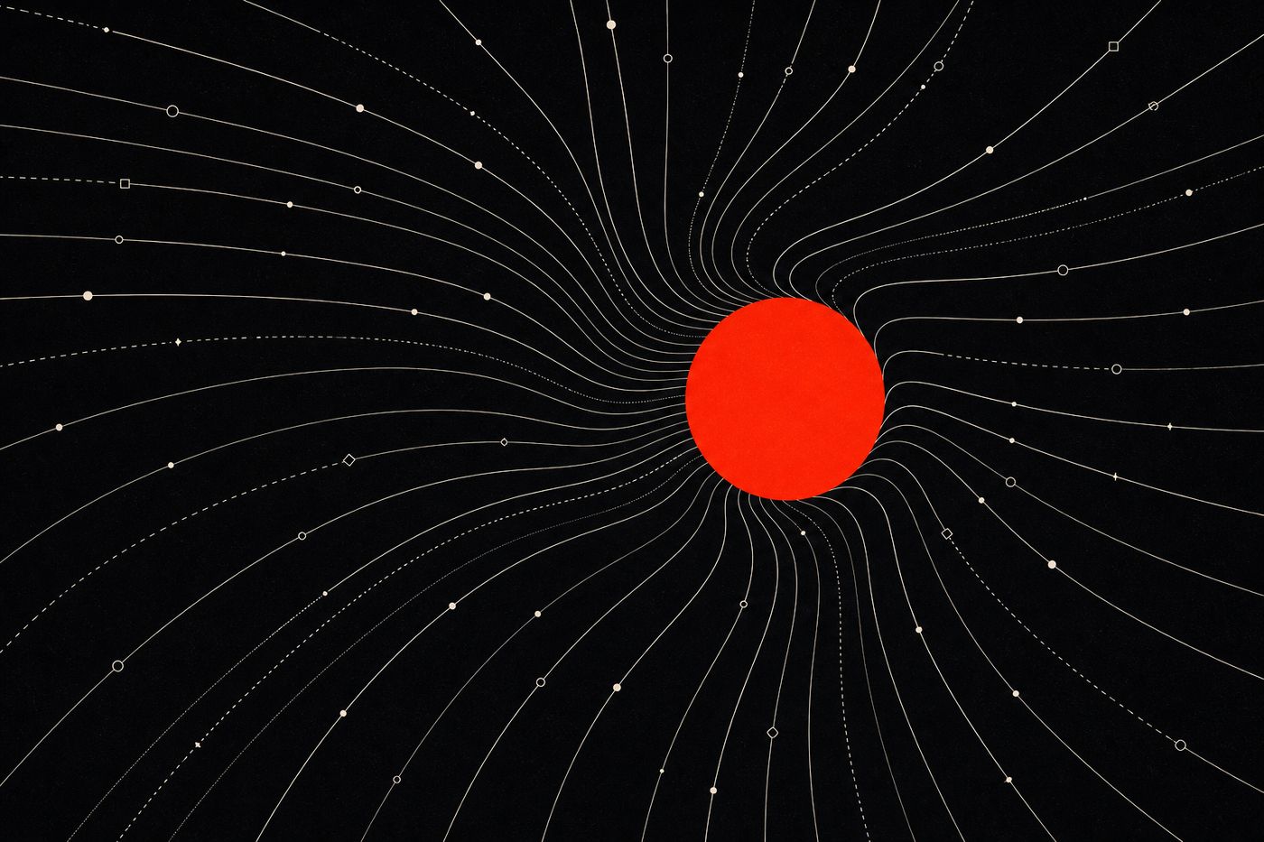Cover artwork: every path in the field curving inward toward one dominant red-orange mass.