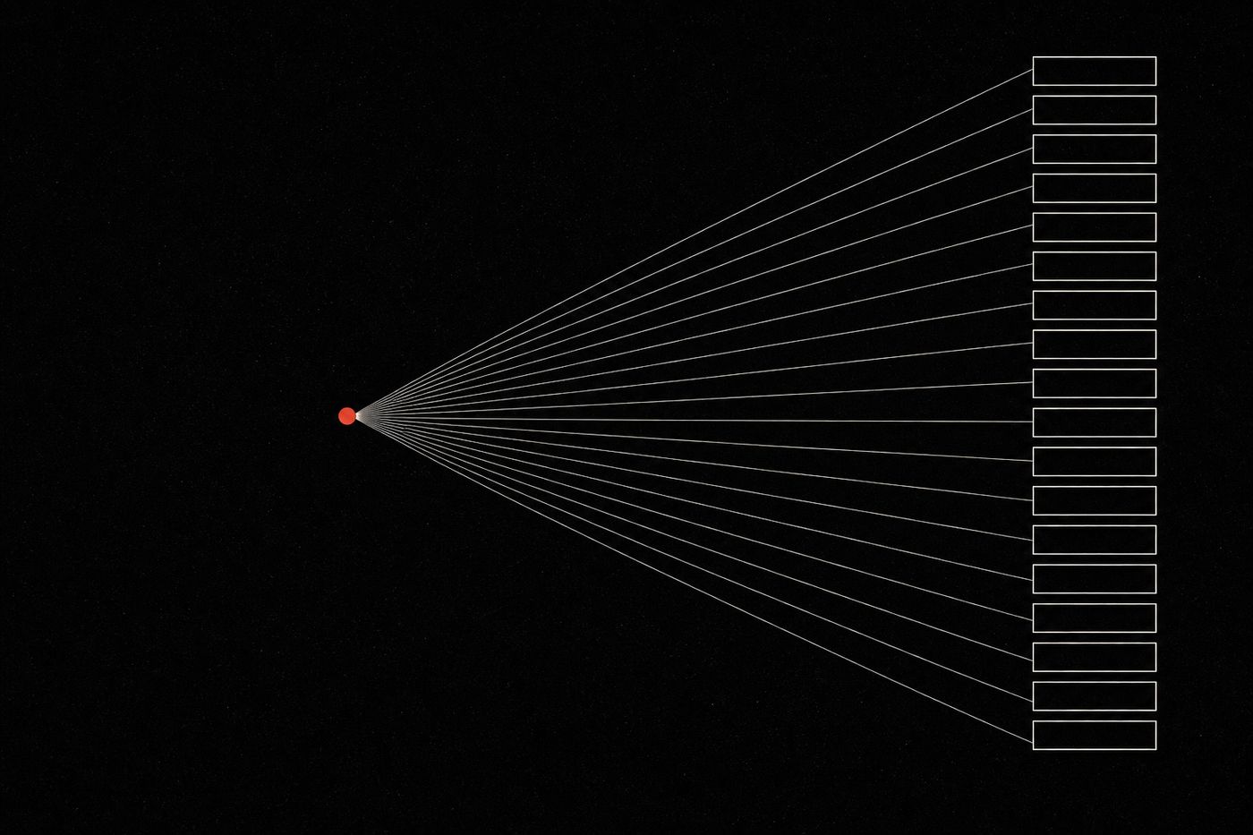 Cover artwork: one small red-orange origin point fanning out into a column of identical aligned rectangles.