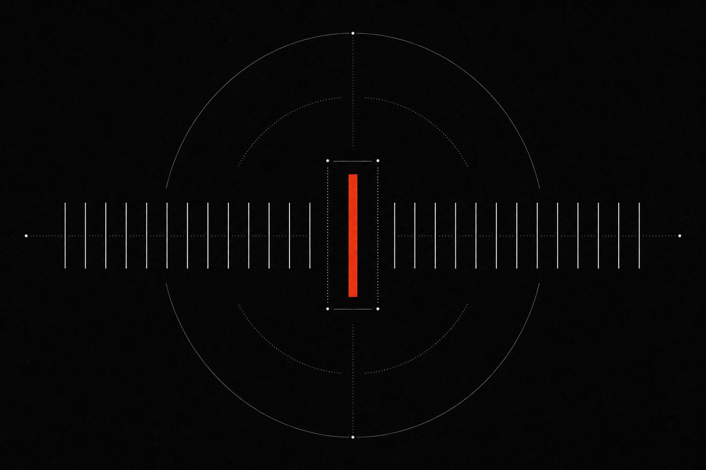 Cover artwork: a uniform sequence of thin markers with one taller solid red-orange block protected by empty space on either side.